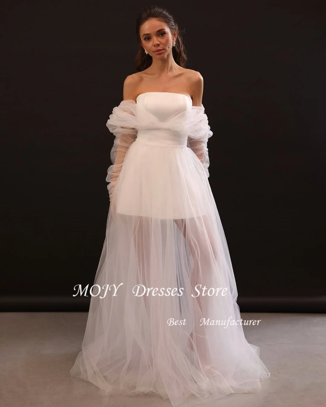 Mojy فستان الزفاف المرأة ألف خط الحبيب قبالة الكتف منتفخ الأكمام عارية الذراعين فستان زفاف Vestidos De Noiva مخصص