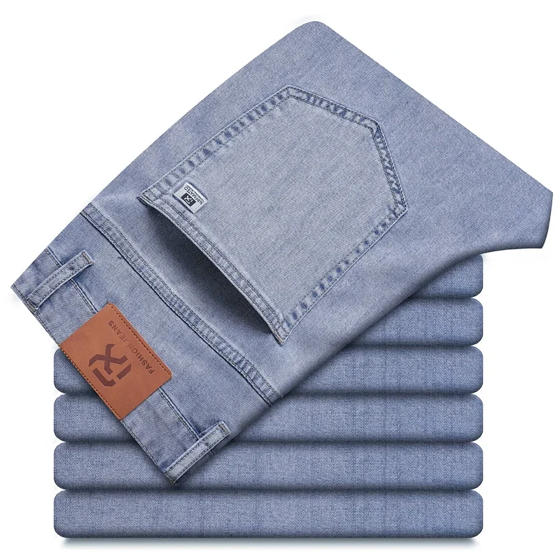 Calça jeans slim fit masculina, jeans stretch, calça casual cargo, calça azul, roupas de moda, primavera e verão, 2024