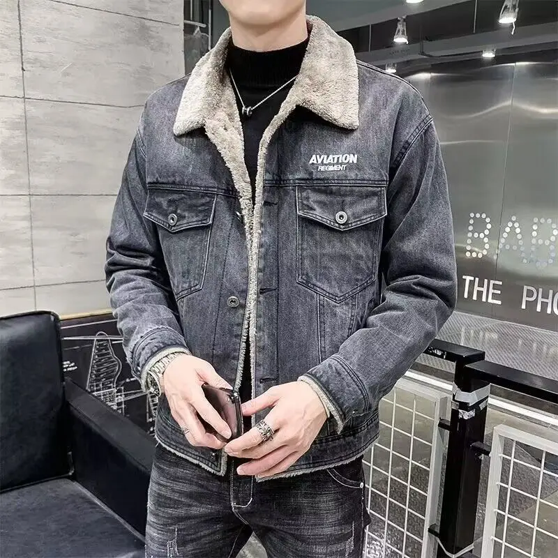 Giacca di jeans da uomo grigia cappotti di jeans maschili imbottiti caldi inverno 2024 abbigliamento maschile Trendy Rock Elatic abbigliamento