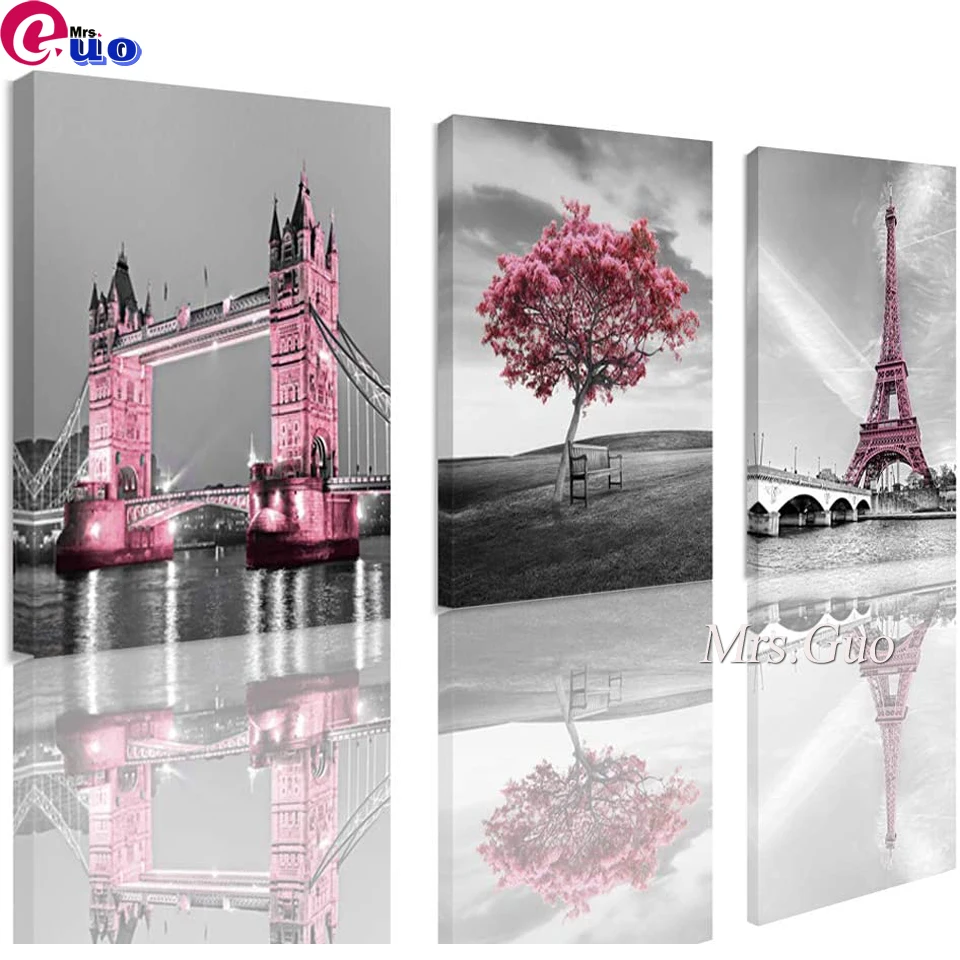 Full Square/Round 5D DIY Diamond Painting Triptych Diamond Embroidery Kits Mosaic Pink Bridge Tower Landscape Home Decoration