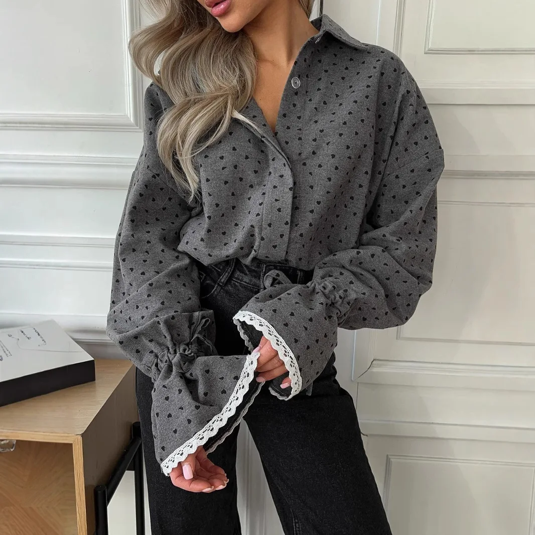 

2025 New Cuff Lace Splicing Shirt for Women with Fashionable and Loose Design Polka Point Collar Long Sleeve Shirt
