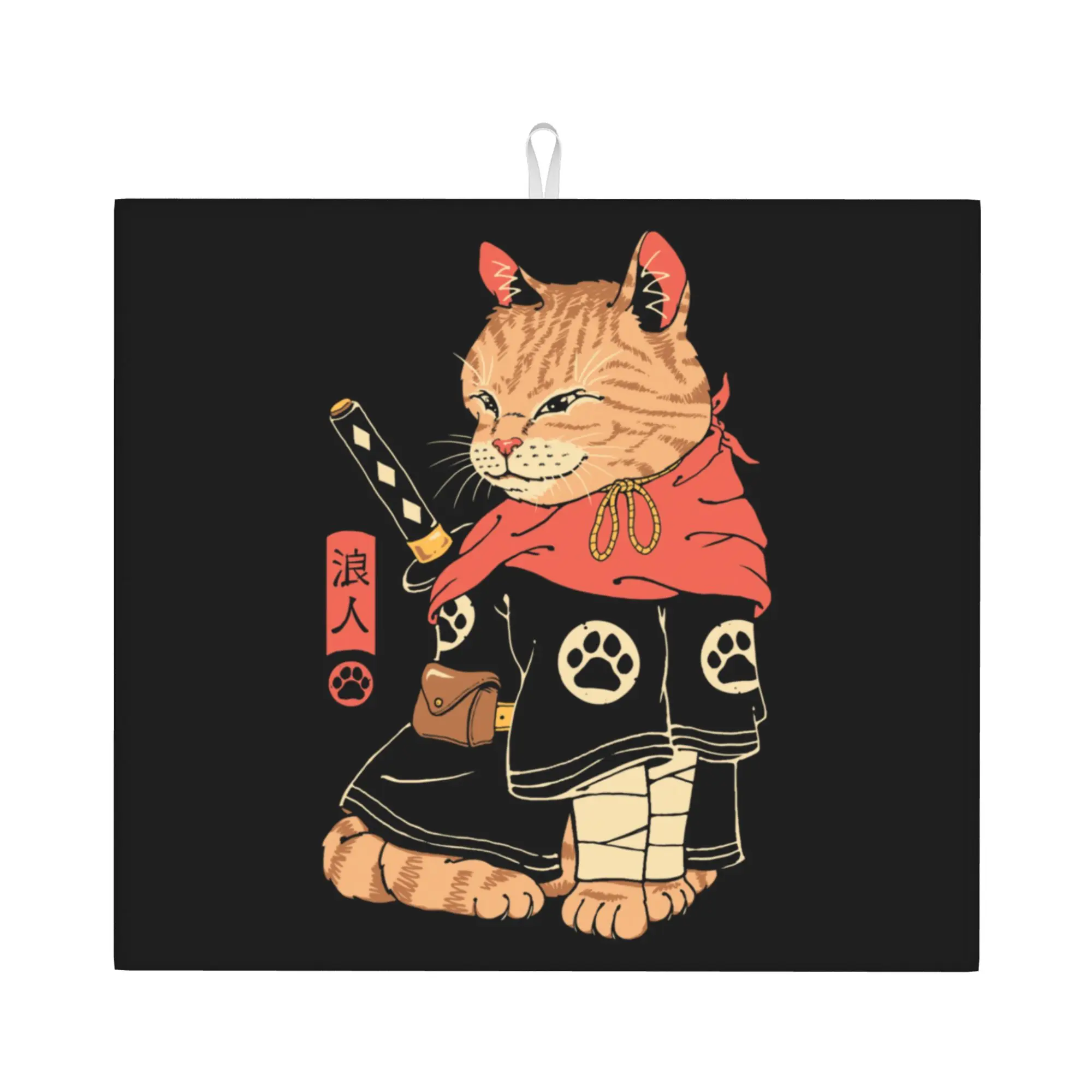 Japanese Samurai Warrior Neko Samurai Drying Mat For Kitchen Waterproof Non‑Slip Oil Proof Bathroom Countertop Protector Mat