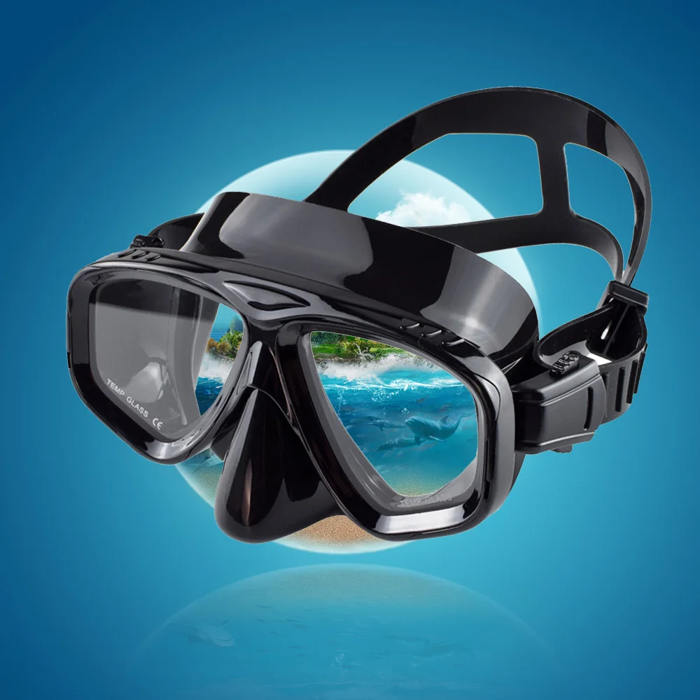 

Snorkel Mask Swimming Goggles Scuba Diving Silicone Skirt Tempered Glass Len Wide View Training With Nose Cover Adjustable Strap