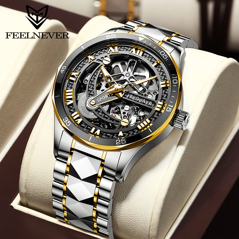 FeelNever Fashion Luxury Mechanical Man Watch Casual Skeleton Waterproof 316L Tungsten Steel Automatic Movement Watches for Men