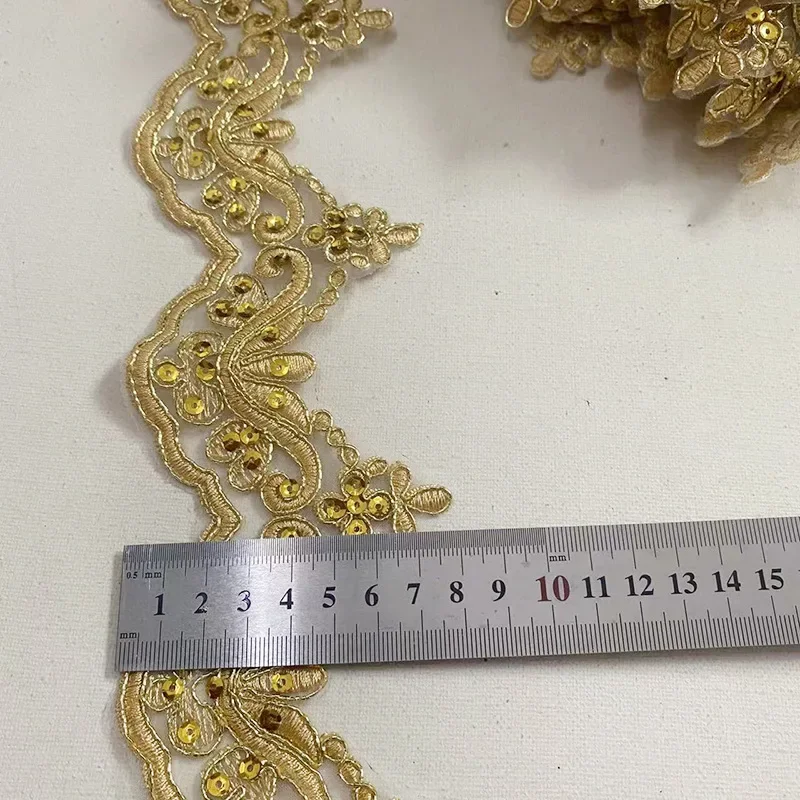 1 Yard Gold Beaded Cording Fabric Flower Venise Venice Mesh Lace Trim Applique Sewing Craft for Bride Wedding Dresses 8cm Wide