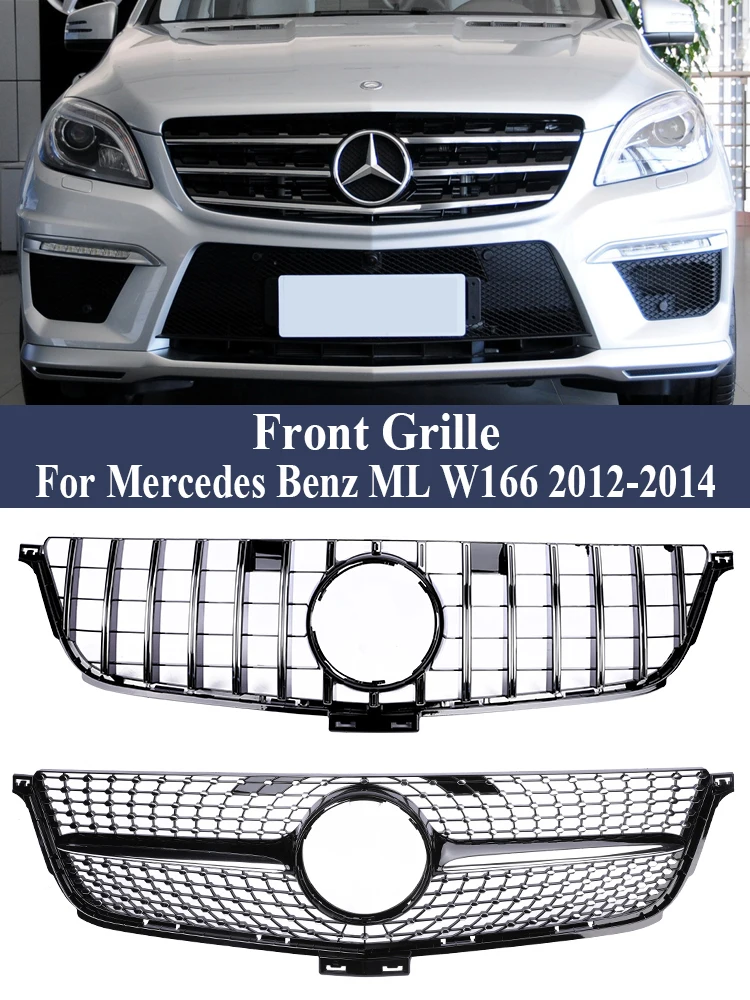 Front Bumper GT Diamond Style Grille Racing Grill Cover For Mercedes Benz ML W166  2012 2013 2014 Black Silver Exterior Parts