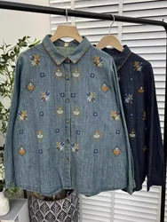 Fall clothes 2024 women vintage design long sleeve embroidery denim shirts blouses harajuku fashion jean shirts outwear