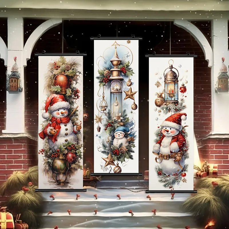 VIKAMA Christmas 3-Piece Hanging Banner Set, Vintage Santa Snowman Reindeer Postcard Wall Scroll for Xmas Fireplace Decor