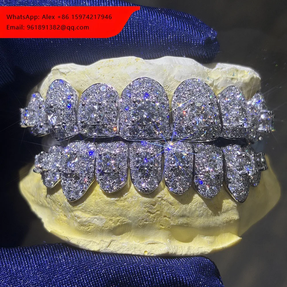 

Customized Men Women Iced Out Bling Top Bottom 8 S925 Silver Big Flawless Moissanite Diamond Perm Cut Gold Grillz For Teeth