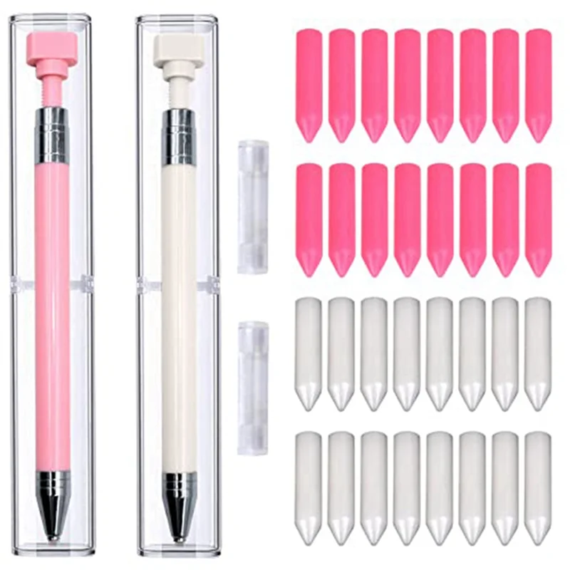 34 Pcs Diamond Painting Pens Kit, 2 Pcs Refillable Wax Pen with 32 Pcs Wax, Rotating Glue Point Drill Pen(Pink & White)