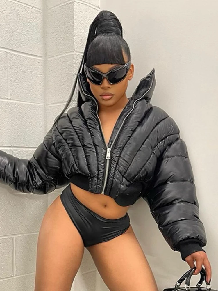 

FDYOUI Fashion Stand Collar Zip-up Short Parkas High Street Women's Long Sleeve High Waist Padding Coats Black Brown Outerwears