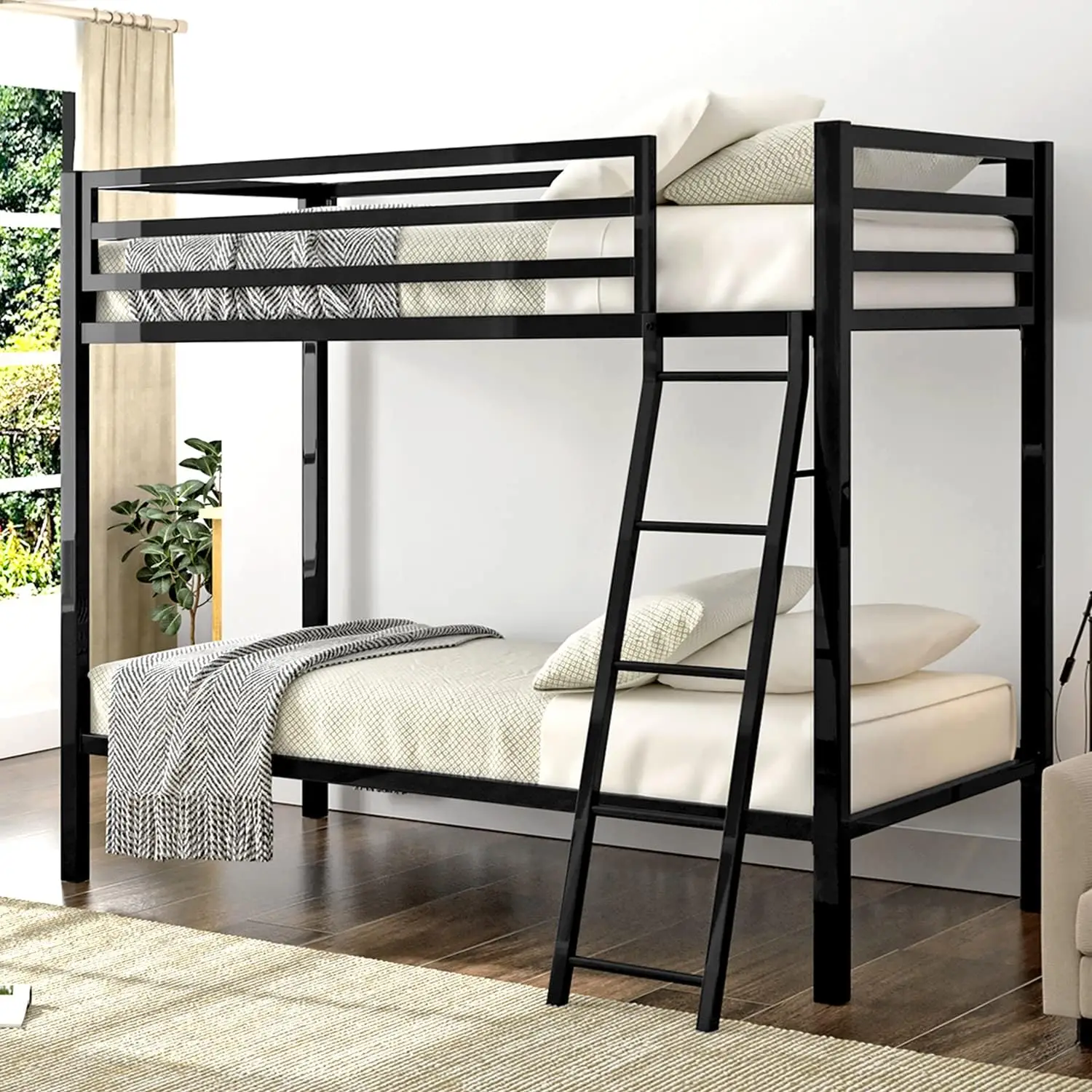 

Металлическая двухъярусная кровать Allewie Twin Over Twin Size для юниоров и взрослых с лестницей и сверхпрочными ограждениями, небольшой компактный дизайн f