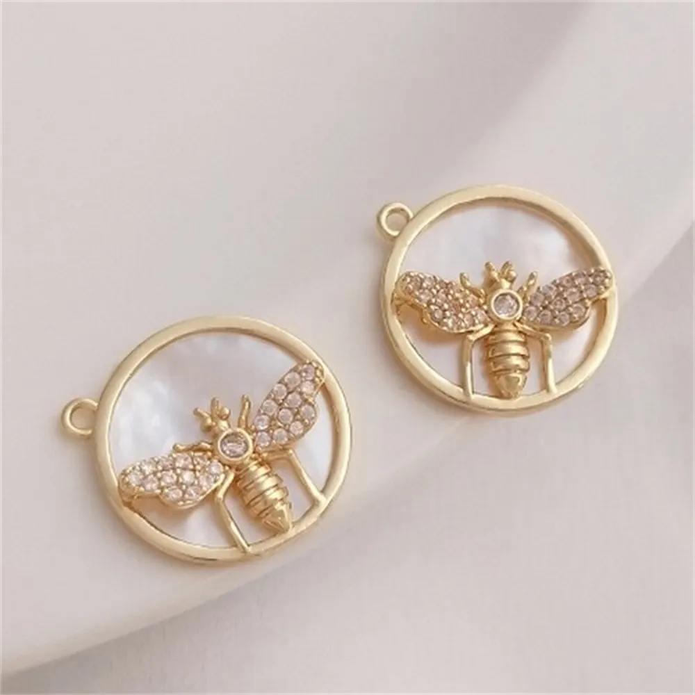 

Mother Shell Coin Pendant 14K Gold Zircon Bee Pendant DIY Bracelet Necklace Jewelry Charm Pendant K299