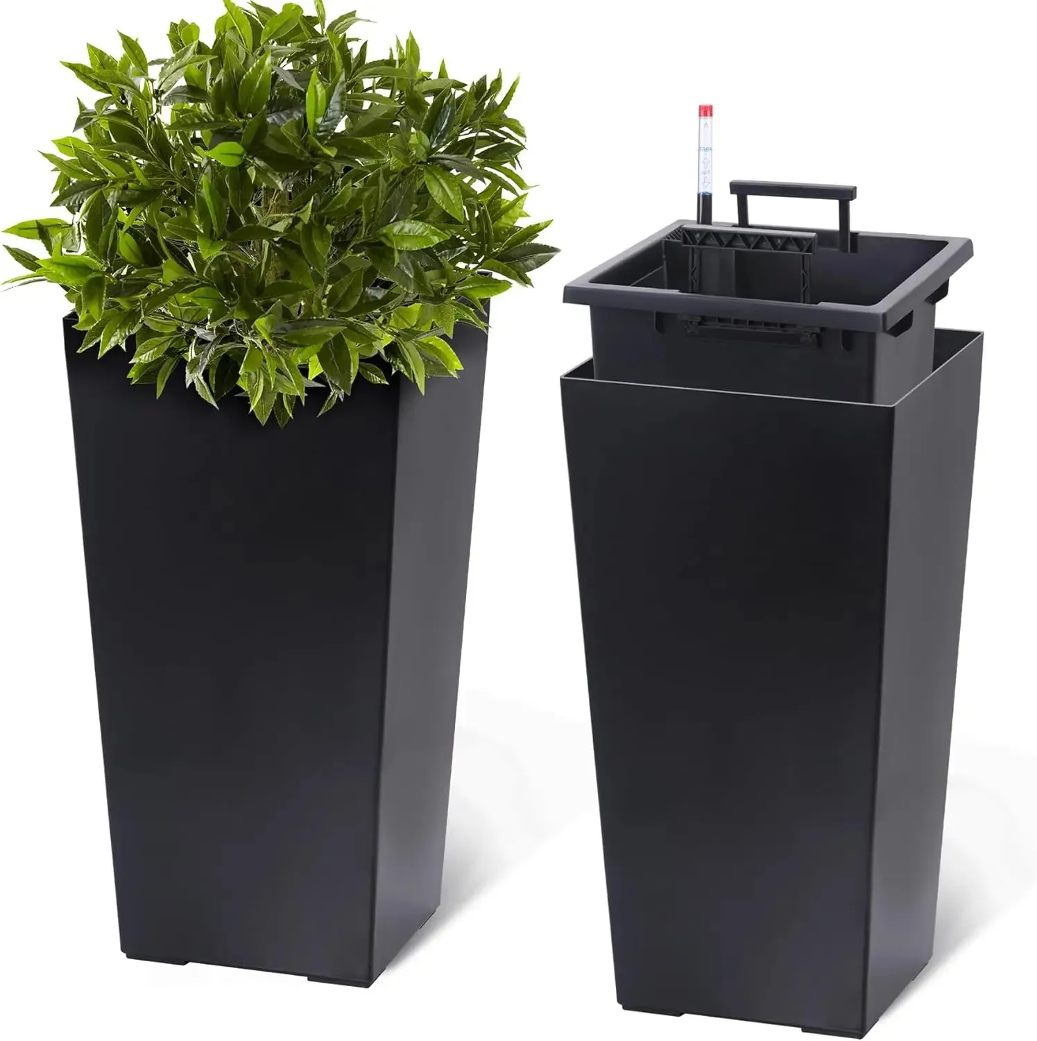 

2 PCS 22.4Inch Tall Planter Indoor Outdoor Black Taper Planter with Shelf Insert