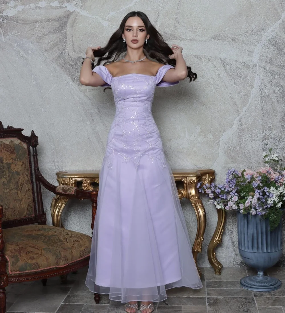 

Индивидуальные фиолетовые вечерние платья А-силуэта с открытыми плечами, расшитые сложной вышивкой бисером и пайетками, длиной до щиколотки, высокого качества, в пастельных тонах