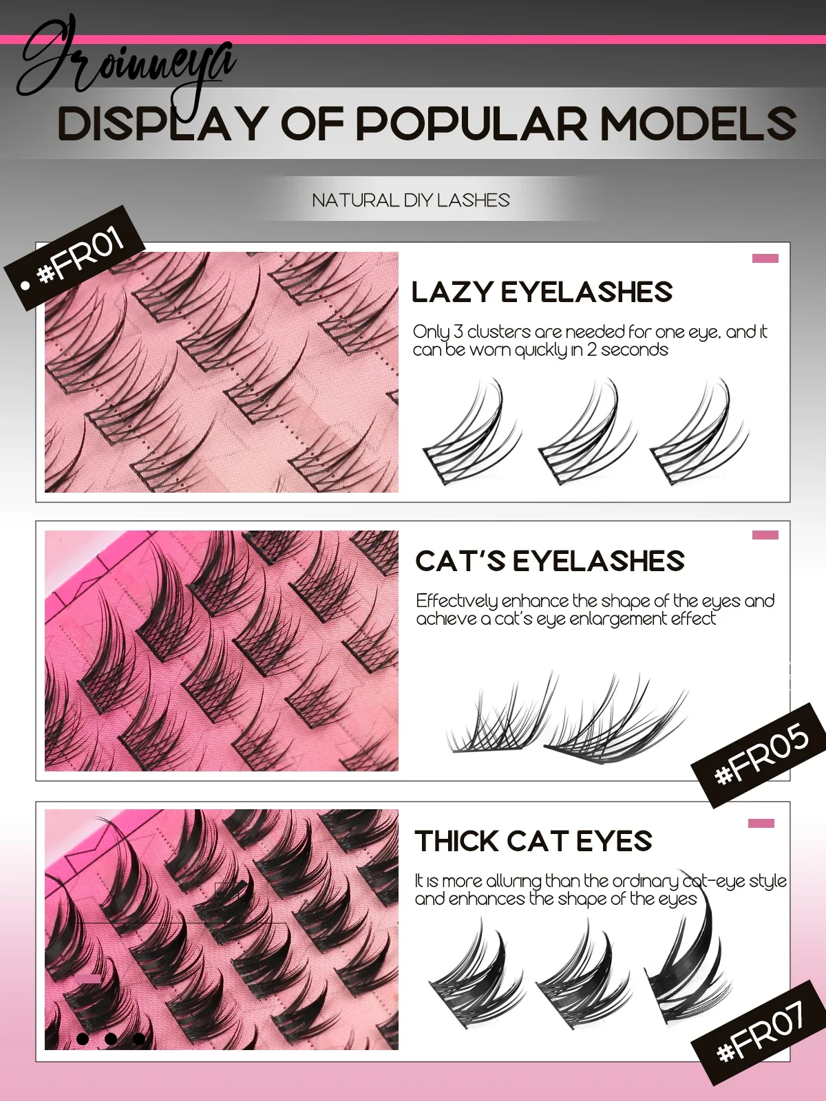 GROINNEYA Kit de grappes de cils Extension de cils pointus Volume moelleux bricolage cils en grappe épais cils individuels maquillage à la maison