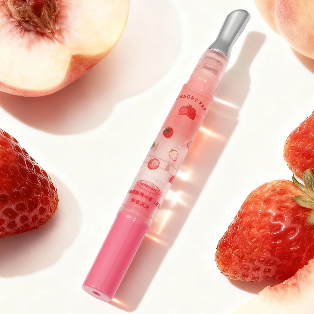Lindo brillo de labios rosa pluma de aceite hidratante no pegajoso sabor a fruta fresa melocotón maquillaje de labios brillante