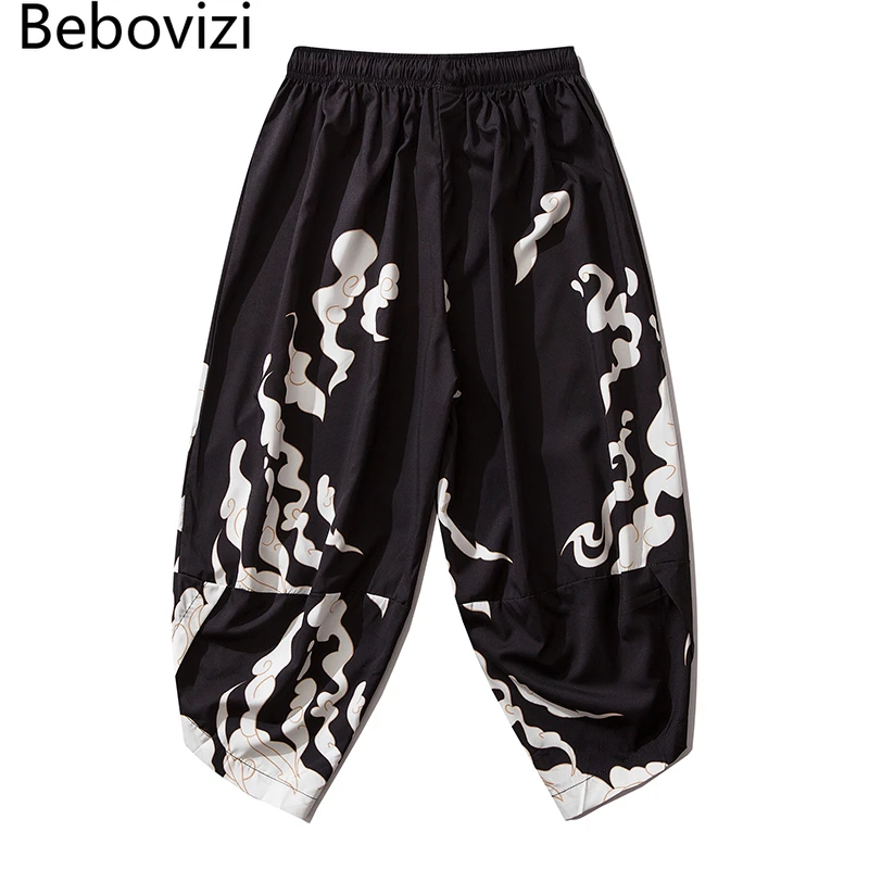 Bebovizi Thin Japanese Print Kimono Pants Women Men Samurai Black Harem Pants Loose Elastic Waist Asian Cosplay Trousers