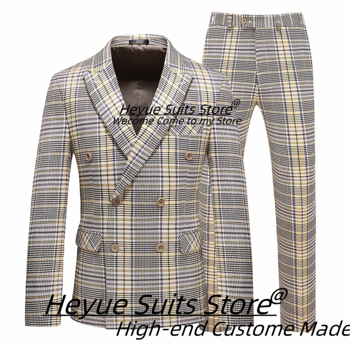 

Classic Plaid Double Breasted Groom Tuxedos Customized Slim Fit Peak Lapel Formal Men Suits Male Prom Party Blazers2 Pieces Sets