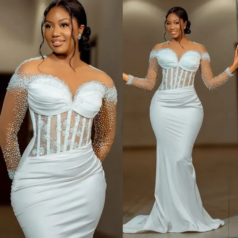 Customized African Wedding Dress Bridal Gowns For Bride Mermaid Sheer Neck Illusion Beaded Lace Pearls Ruffles Appliqued Lace