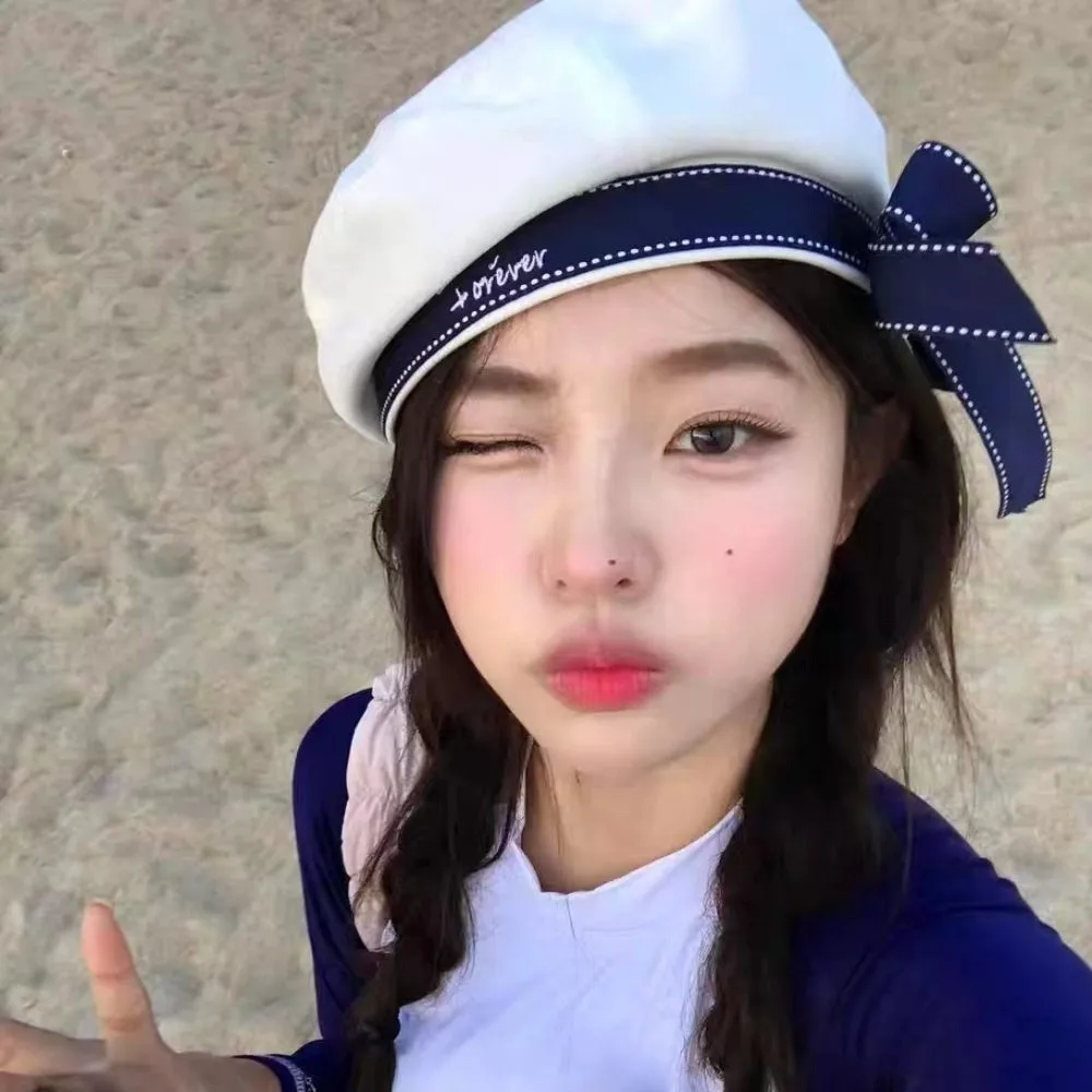 Vintage Sweet White Sailor Hat Korean Style Letter Embroidery JK Beret Cap Bowknot Uniform Cap Painter Hat Beach
