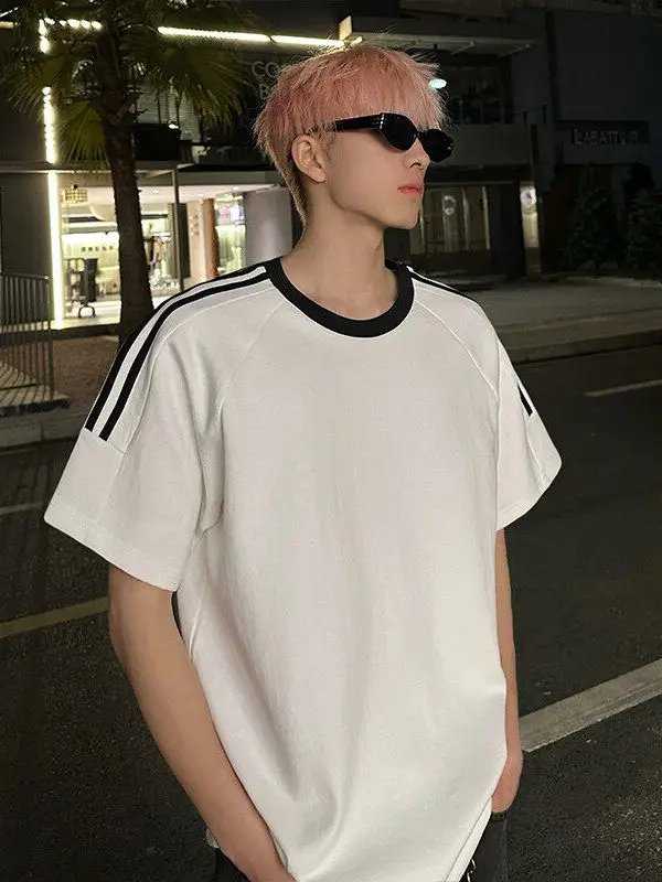 

Мужская летняя футболка из плотного чистого хлопка с полосатыми вставками и пэчворком, американский модный бренд Haome Inner Five Sve