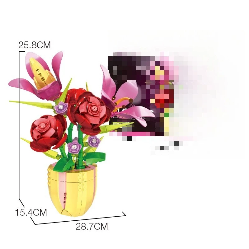 Building blocks, lilies, roses, small particle assembly, girls' plant potted plants, desktop ornaments, toys, gifts