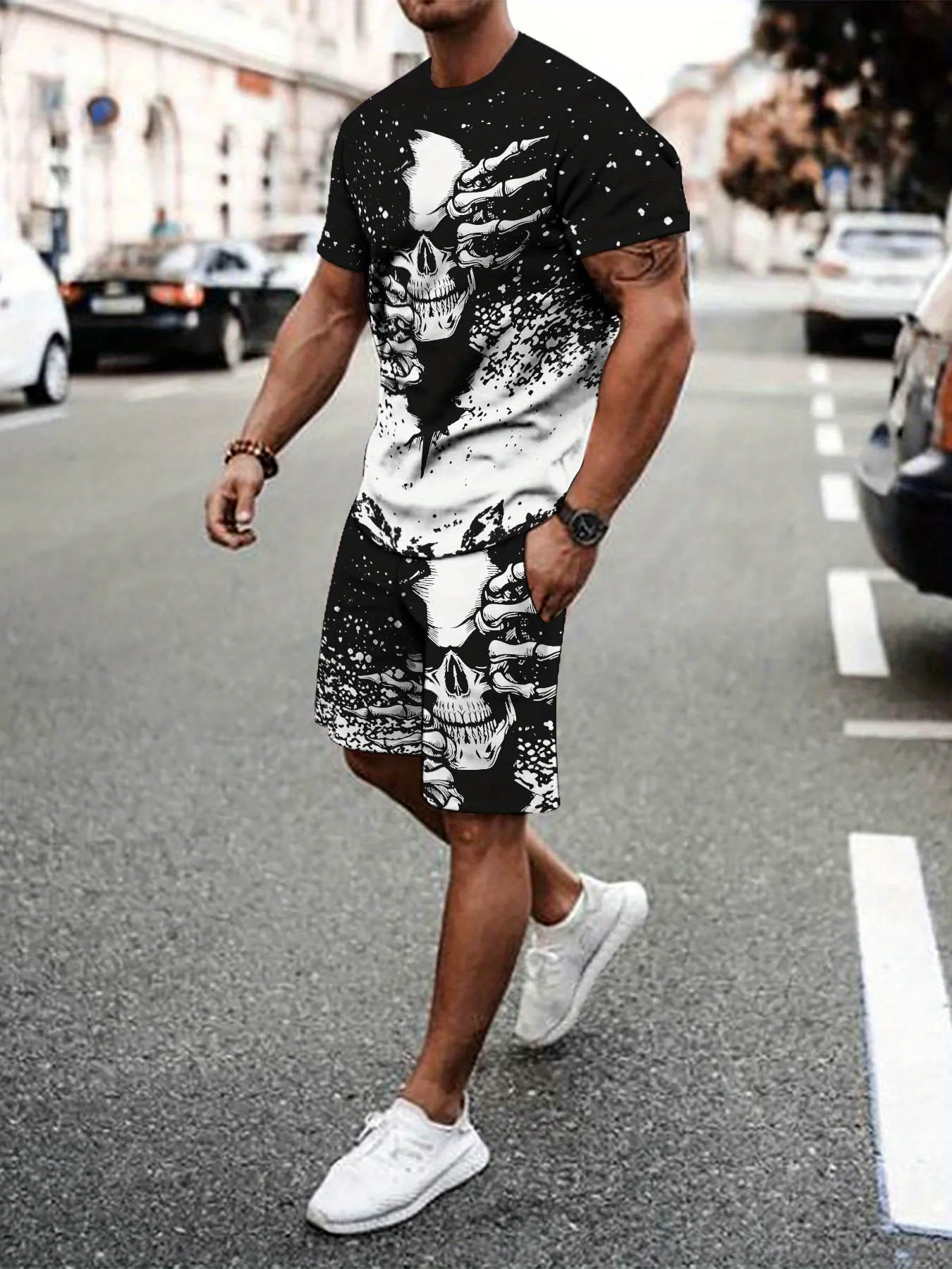 

A soft comfortable and breathable 3D skull pattern printed men's set for the summer of 2025 a must-have street casual fashion
