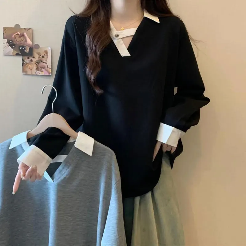 

Commute V-Neck Spliced Blouse Women's Clothing Long Sleeve 2024 Spring Autumn Loose Casual Korean Solid Color All-match Shirt