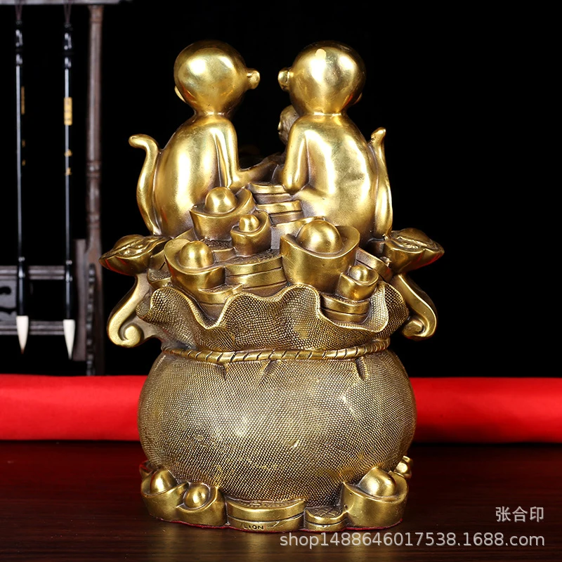 Copper Ingot Ornament: Three Monkeys Bringing Fortune, Zodiac Monkey, Home Entryway Metal Craft Gift