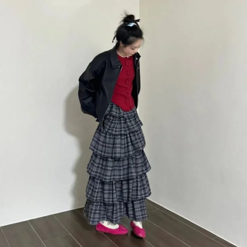 Deeptown Vintage Ruffle Plaid Skirt Women Elegant Sweet Long Skirts Japanese Style Streetwear Fashion Patchwork Layered Skirt