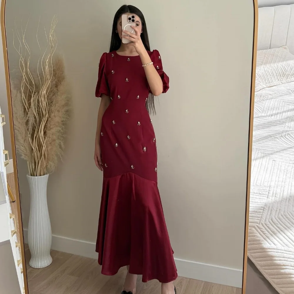 

Customized Modern Style Sparkle Charmeuse Rhinestone Beading Pleat Mermaid O-Neck Ankle Length Dresses Bespoke Occasion Dresses