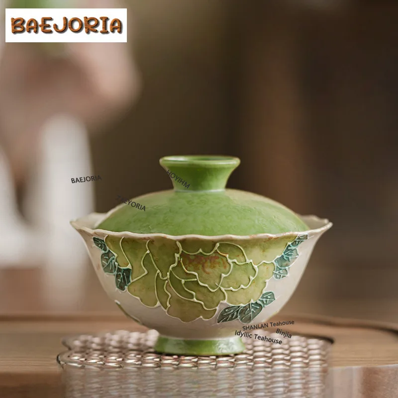 BAEJORIA 90ml Brownish Green Hand Painted Peony Gaiwan Ancient Tea Tureen Tea Bowl with Lid Kit Tea Maker Cover Bowl Cha Craft
