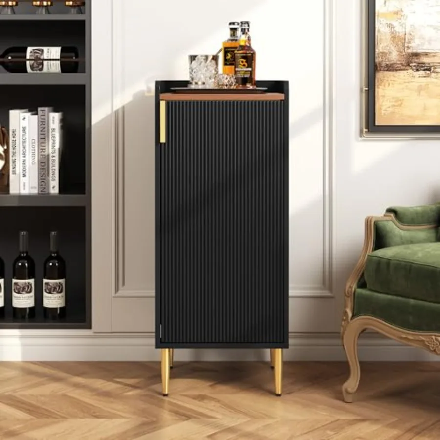Mini Bar Cabinet for Apartment, Fluted Wine Bar Cart with Wine Racks and Wine Glass Holder, Modern Corner Liquor Cabinet for Li