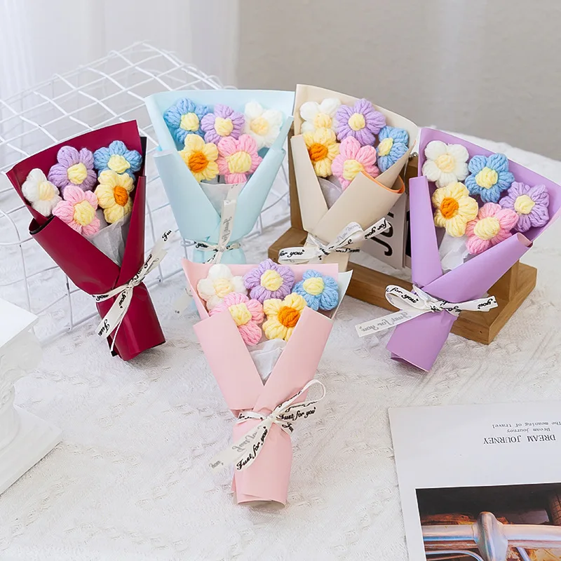 Handmade Flower Bouquets Crochet Artificial Flowers Wedding Bouquet Gift for Guests Valentine's Day Teacher Gift Home Decoration