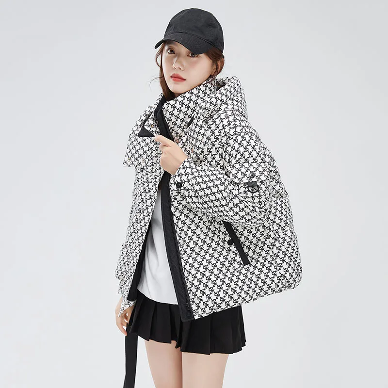 Women's Warm Hooded Jacket, Korean Winter Coat Filled with Artificial Cotton, Fashion Plaid Outerwear, Short, Wide-waisted, 2023