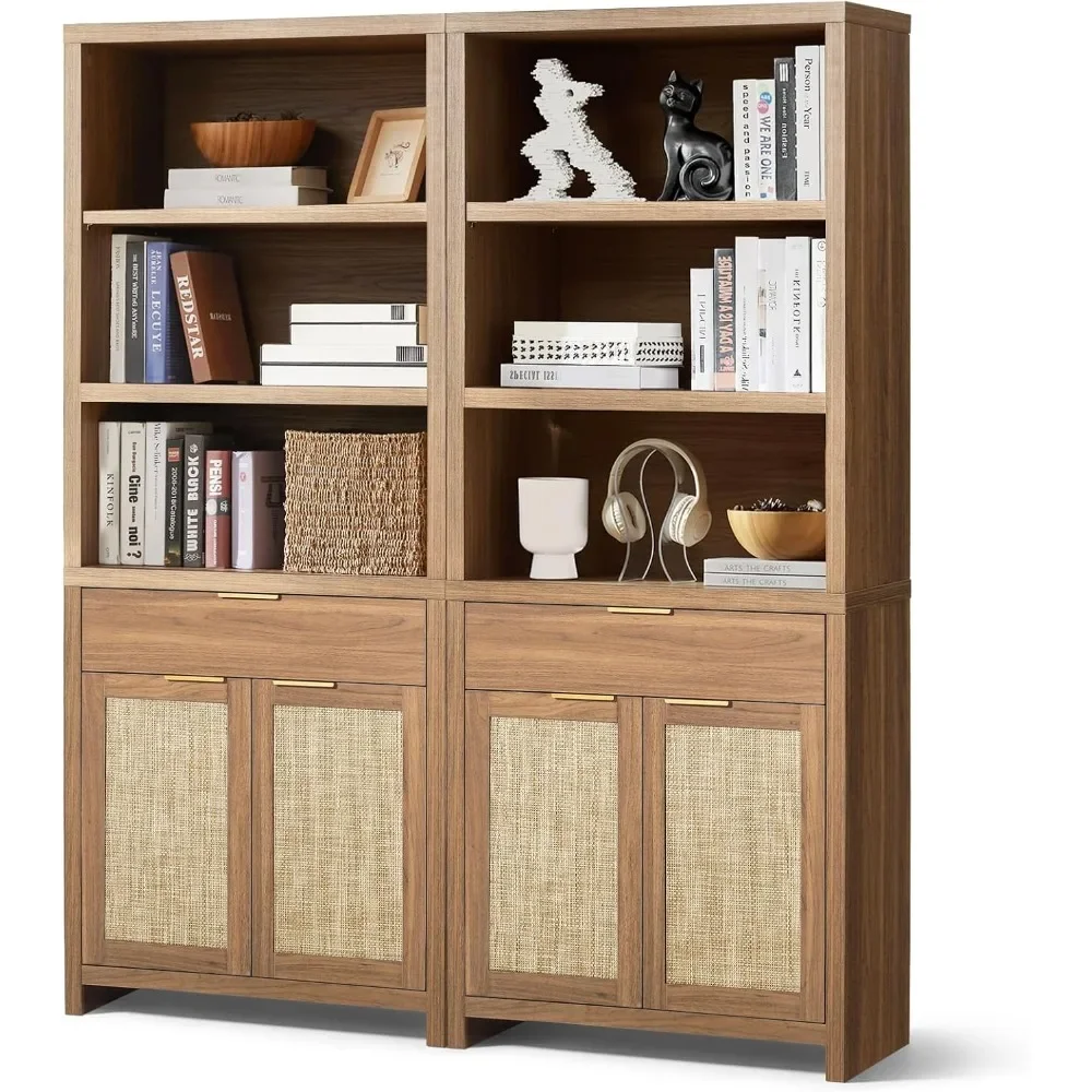 Rattan Bookcase with Doors Cabinet and Drawer,5-Tier Bookshelf, Large Wooden Book Case, Tall Bookshelves for Library Living Room