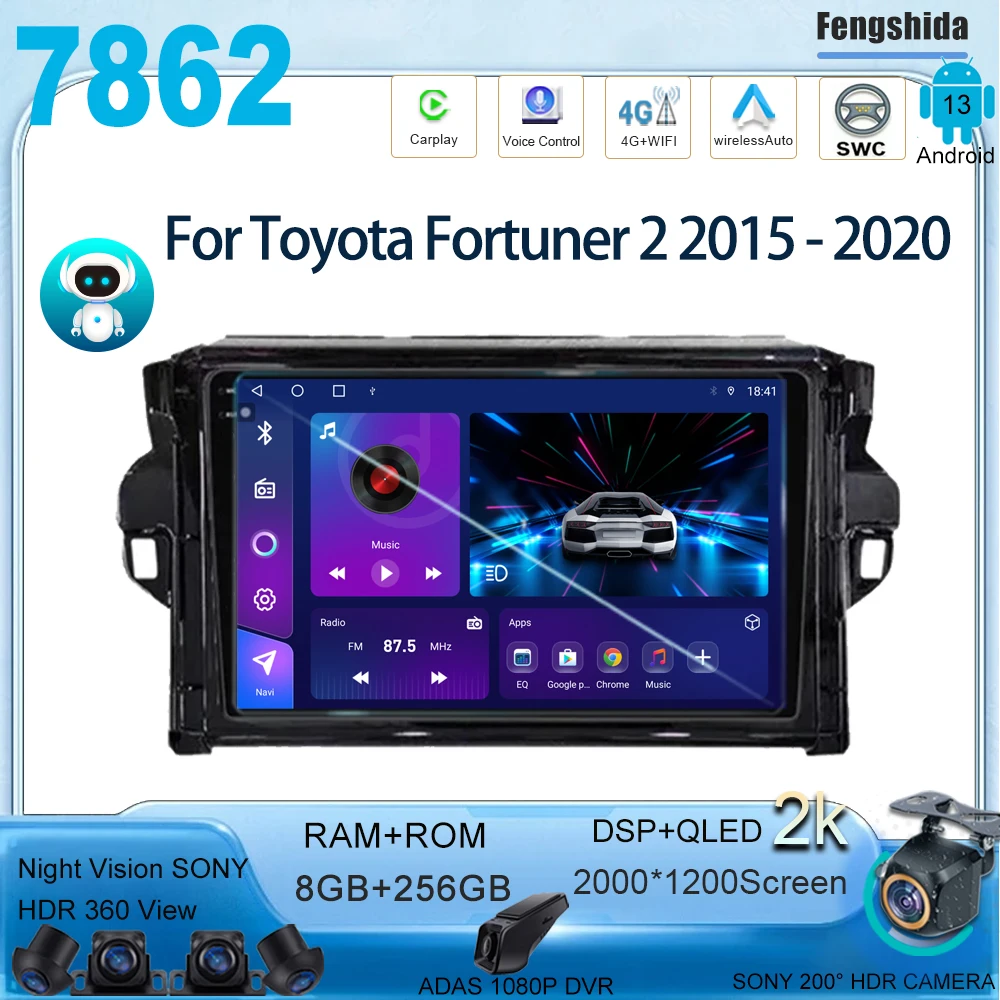 

For Toyota Fortuner 2 2015 - 2020 Auto Android Car Radio GPS Navigation Stereo Multimedia Video Player Screen QLED CPU HDR WIFI