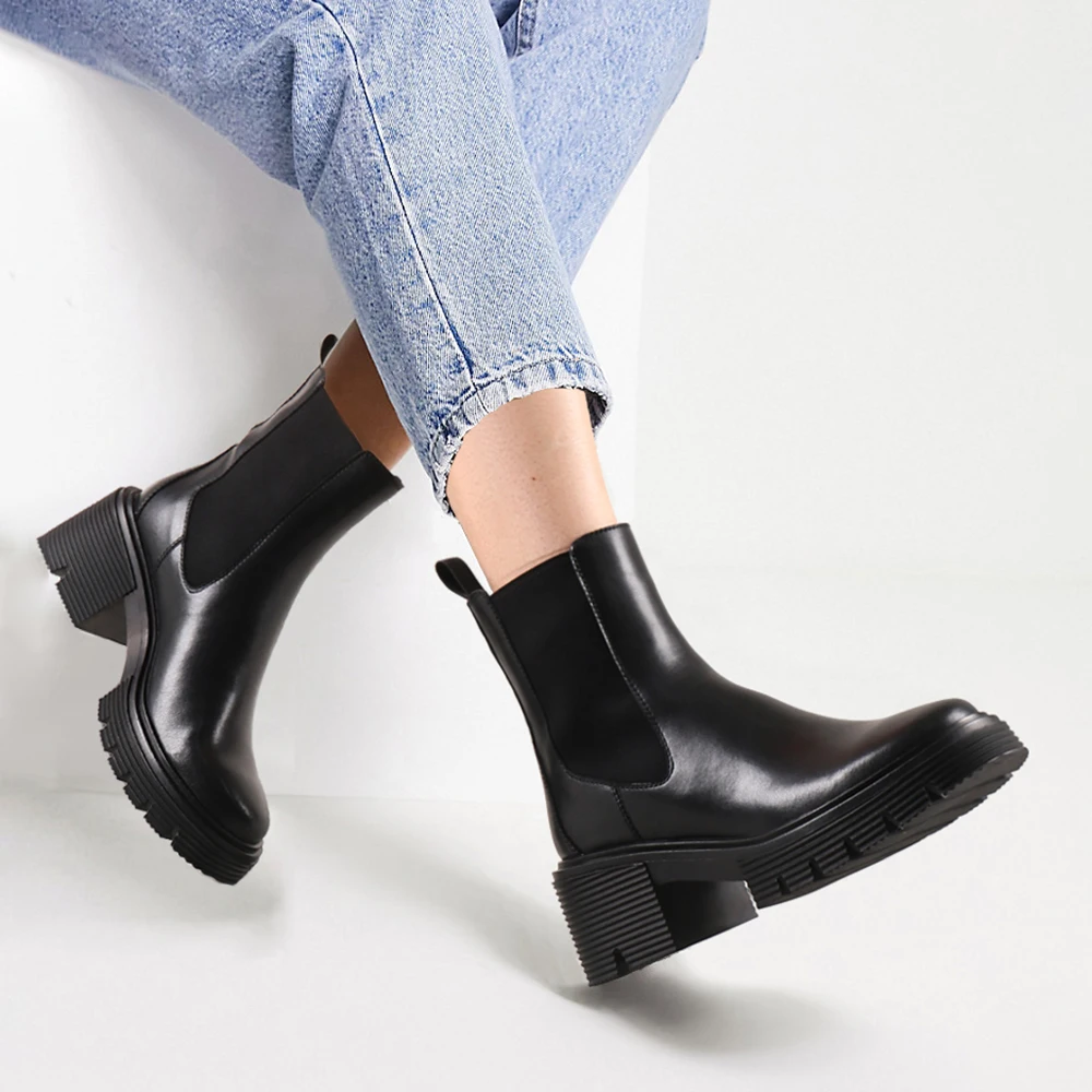 Taoffen Big Size 36-43 Women Chelsea Boots Real Leather Elastic Band Chunky Heel Platform Boots Ladies Slip On Short Plush Boots