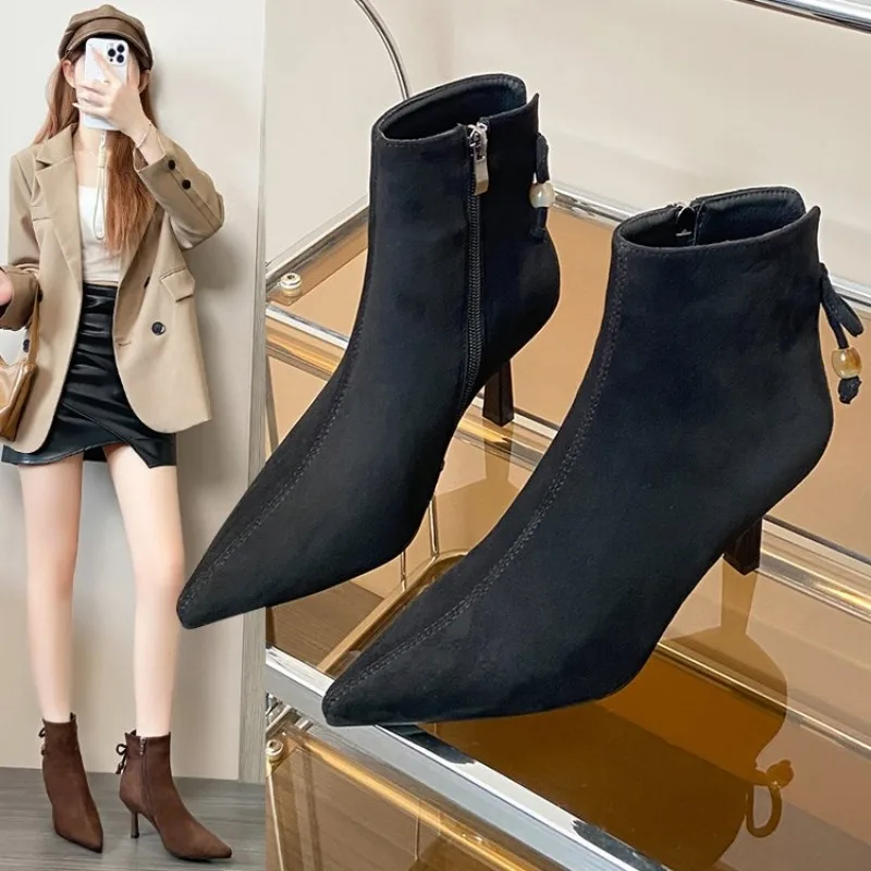 

Women's High-heeled Ankle Boots for Autumn and Winter Versatile French Style Elastic Suede Pointed Toe Fashion Boots.2026