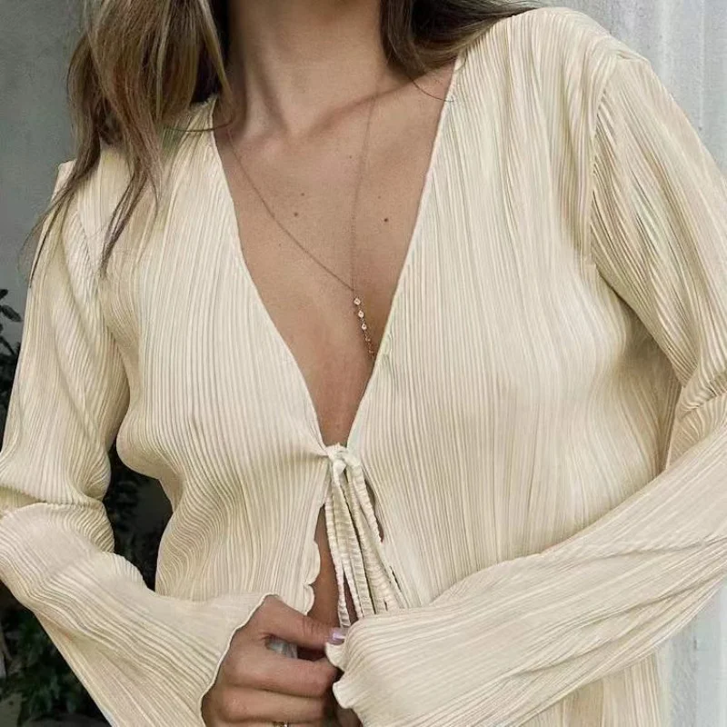 Women Flare Sleeve Tops Deep V-Neck Sexy Lace Up Bow Spring Summer Chic Pleated Plain T-Shirt Casual Solid Holiday Female Shirts