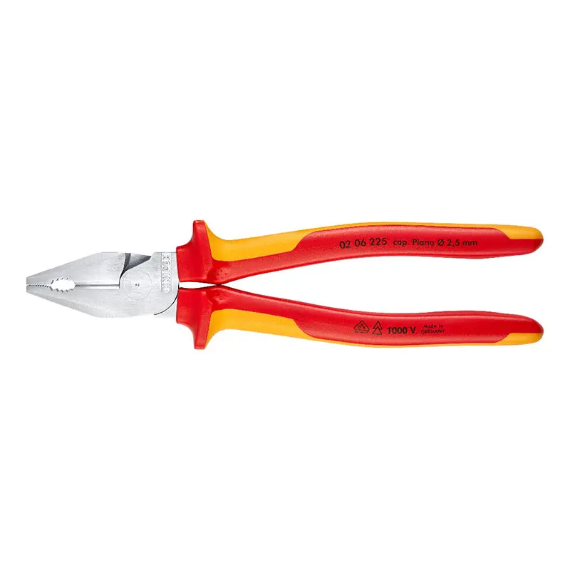 KNIPEX 02 06 225 High Leverage Combination Pliers for Heavy Duty Easier Work 9-inch Insulated Tools with Long Cutting Edges