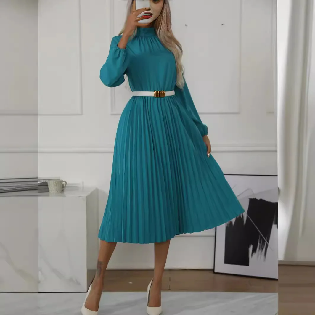 Elegant Women's Spring Style French High Neck Waist Cinching Slimming Pleated Fashionable Peacock Blue Long Sleeved Maxi Dresses