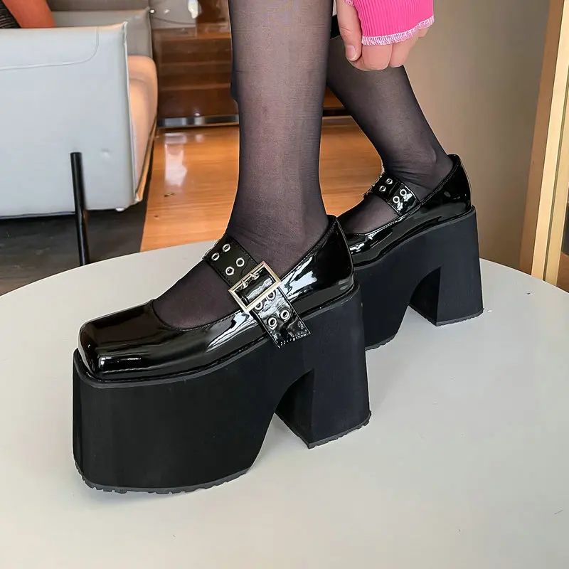 Big Size 34-46 PU Patent Leather Light Foam Sole Platfrom Punk Goth Girls Shoes Square Toe Chunky High Heels Mary Janes Pumps