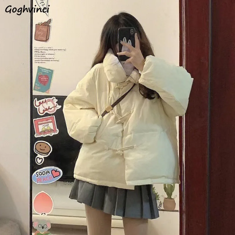 Parka con design con fibbia in corno Donna Colletto alla coreana solido Studentesse Chic Cappotti invernali in cotone caldo addensato allentato Alla moda Ulzzang