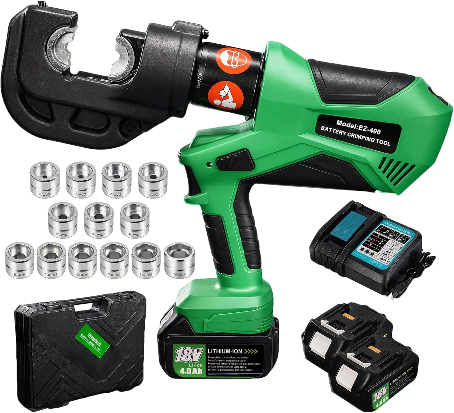 12 Ton Hexagonal Hydraulic Cable Lug Crimper Kit - 18V Cordless Electric Professional Tool with 2x 4.0Ah Batteries, Charger, and 14 Heavy-Duty Dies (6 AWG to 750 MCM)