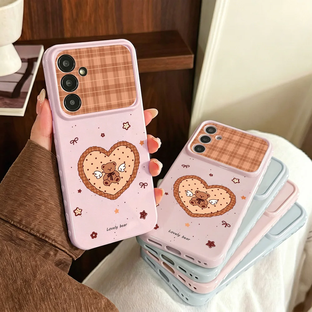 Plaid View Window Heart Angel Bear Style Phone Case for Samsung Galaxy A56 A55 A54 A37 A36 A35 A17 5G A16 A15 A07 A06 4G Cases
