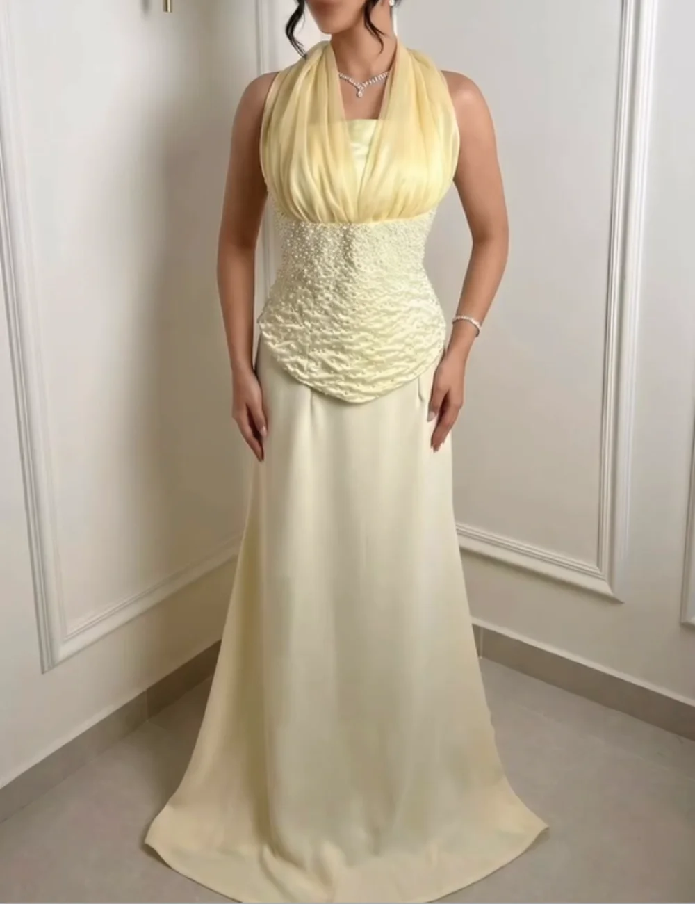 

Индивидуальные желтые роскошные вечерние платья-русалка с жемчугом и стразами, с завязками на шее, высокого качества для женщин