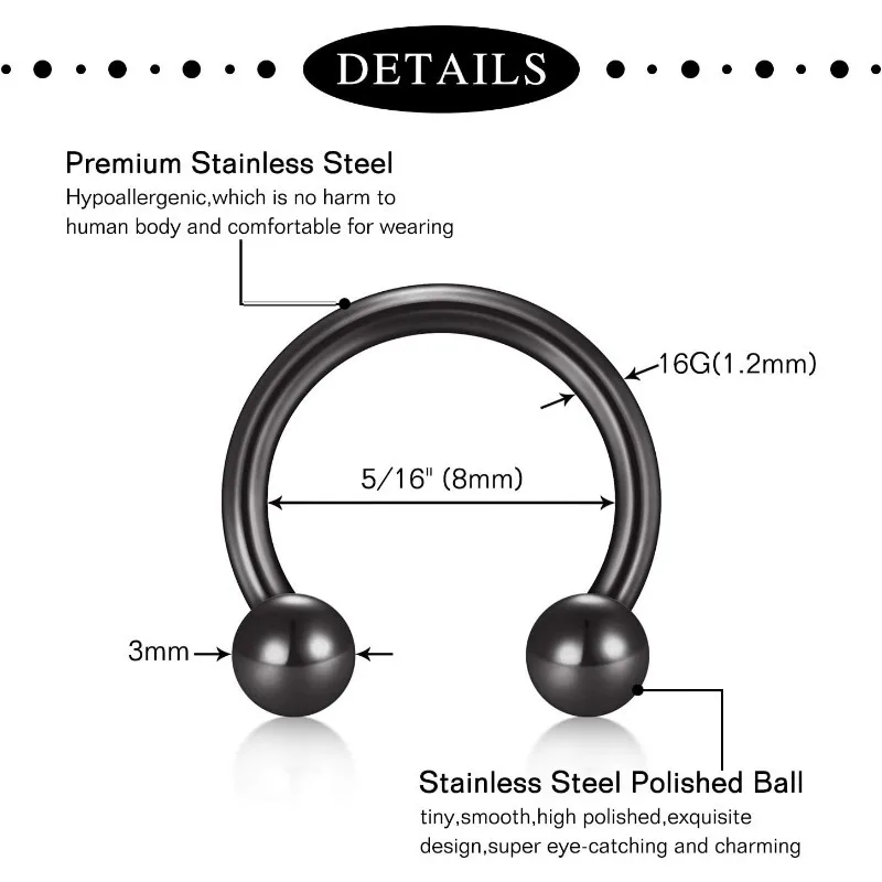 16G  Steel Nose Rings Septum Rings Captive Bead Rings Horseshoe  Cartilage Helix Daith Tragus Earring Hoop Lip Hinged Seamless