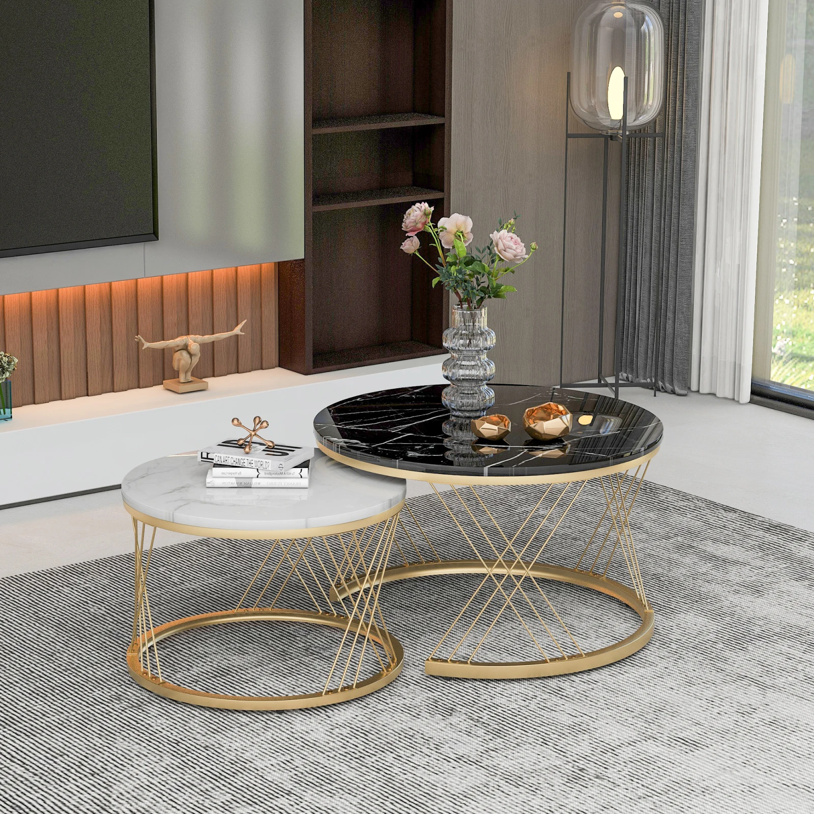 2PCS Modern Nesting Coffee Table, Coffee Table Set Marble Veneer Sofa Side Nest of Tables Round End Tables,Golden Color Frame